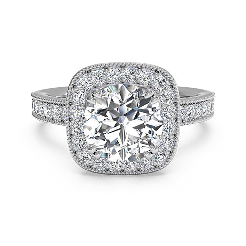 Ritani Vintage Cushion Halo Diamond Band Engagement Ring with Surprise Diamonds