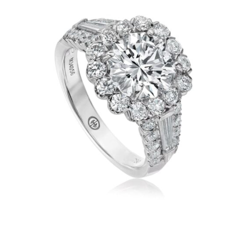 Christopher Designs Classic Round Diamond Halo Engagement Ring Setting with Tapered Baguette and Round Diamond Band