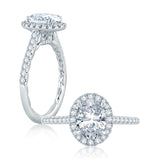 A. Jaffe Oval Halo Engagement Ring with Intricate Gallery Detail and Signature A.JAFFE Quilts Interior