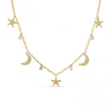 Brevani 14K Yellow Gold Dashing Diamond Moon and Stars Pierced Diamonds Necklace