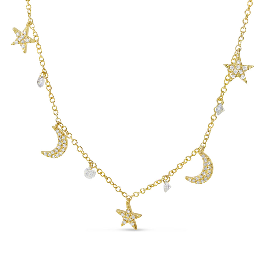 Brevani 14K Yellow Gold Dashing Diamond Moon and Stars Pierced Diamonds Necklace