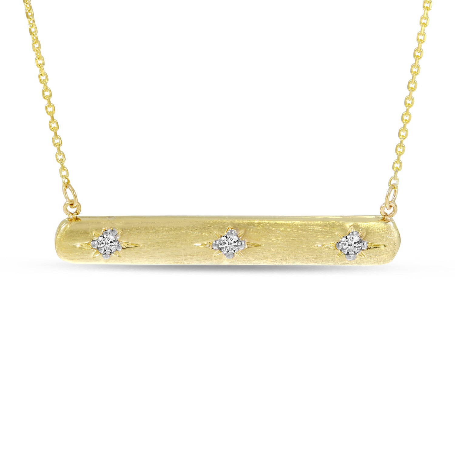 Brevani 14K Yellow Gold 3 Diamond Brushed Gold Bar Necklace