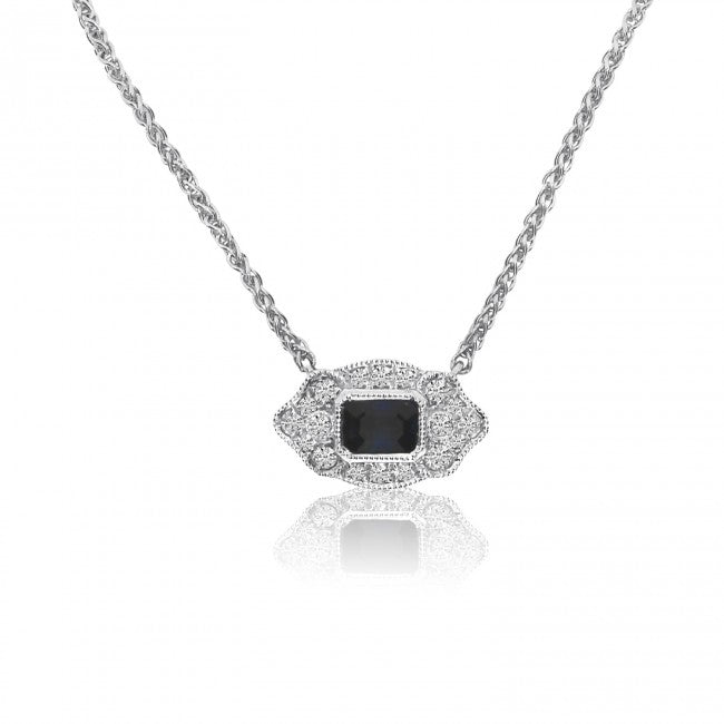Brevani 14K White Gold Octagon Sapphire and Diamond Filigree Precious Necklace