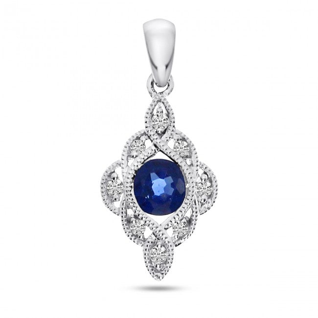 Brevani 14K White Gold Round Sapphire and Diamond Precious Pendant