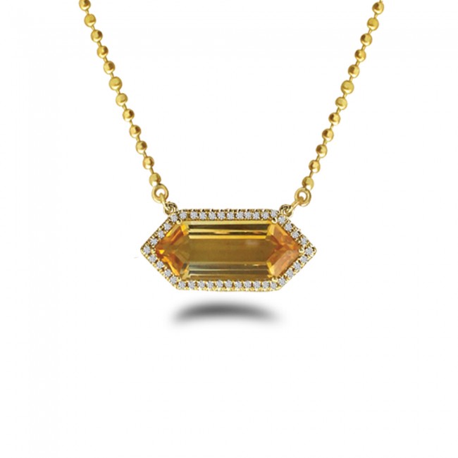 Brevani 14K Yellow Gold Hexagon Citrine and Diamond Semi Precious 18 inch Bead Chain Necklace