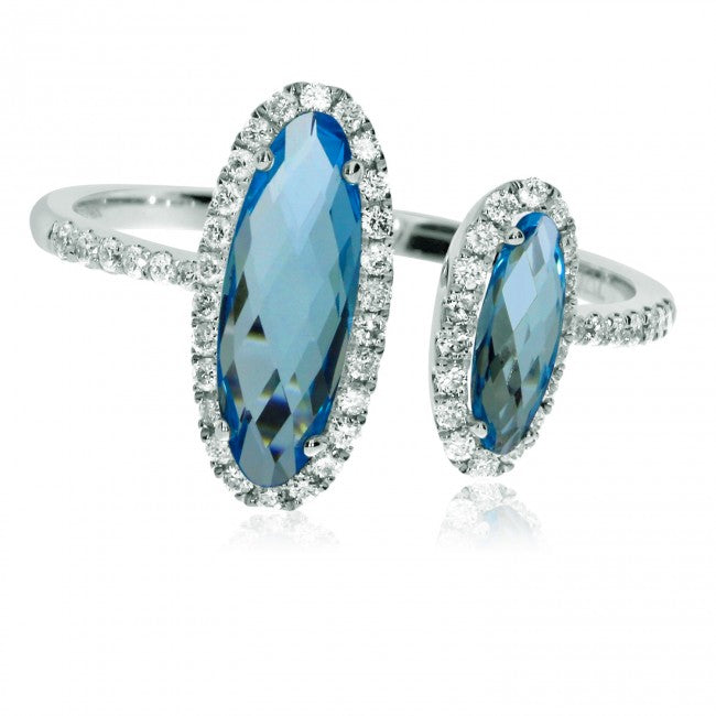 Brevani 14K White Gold Offset Oval 10x5 mm and 8x3 mm Blue Topaz and Diamond Semi Precious Fashion Ring