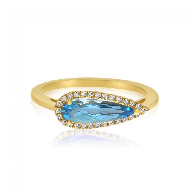 Brevani 14K Yellow Gold Elongated Pear Blue Topaz and Diamond Semi Precious Ring