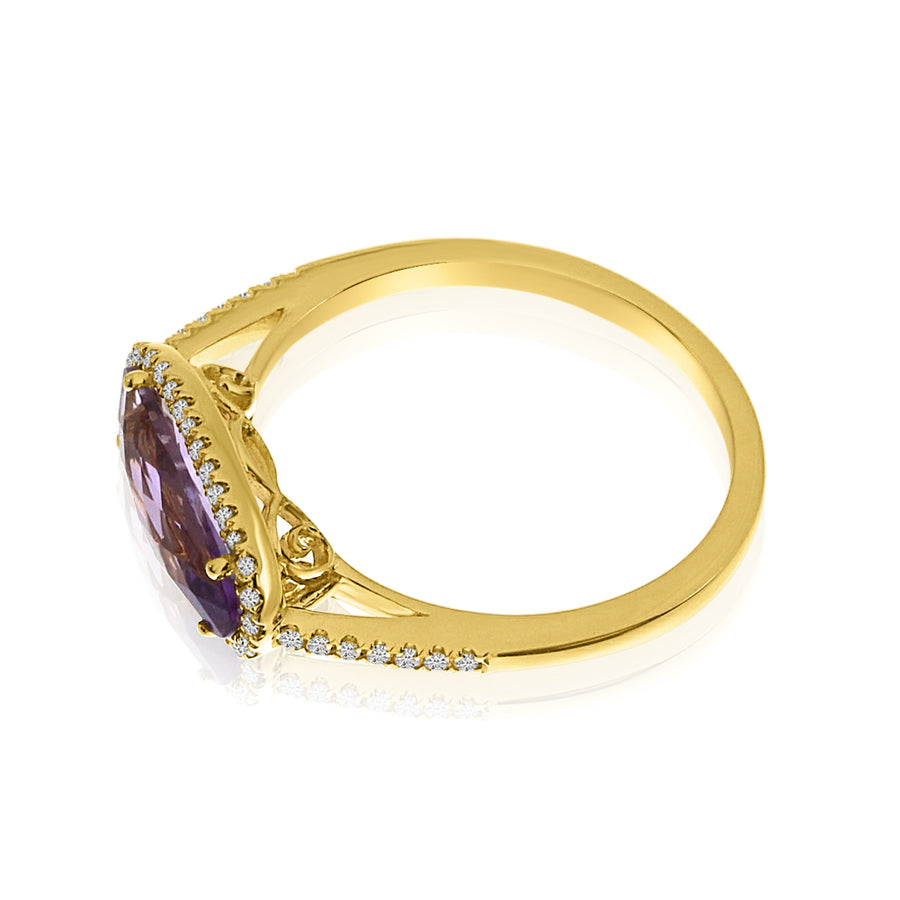 Brevani 14K Yellow Gold Elongated Oval Amethyst and Diamond Semi Precious Fashion Ring
