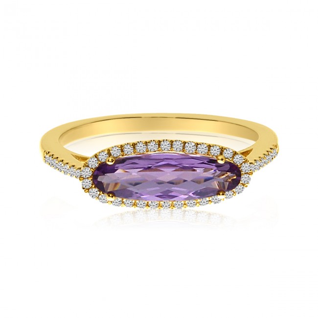 Brevani 14K Yellow Gold Elongated Oval Amethyst and Diamond Semi Precious Fashion Ring