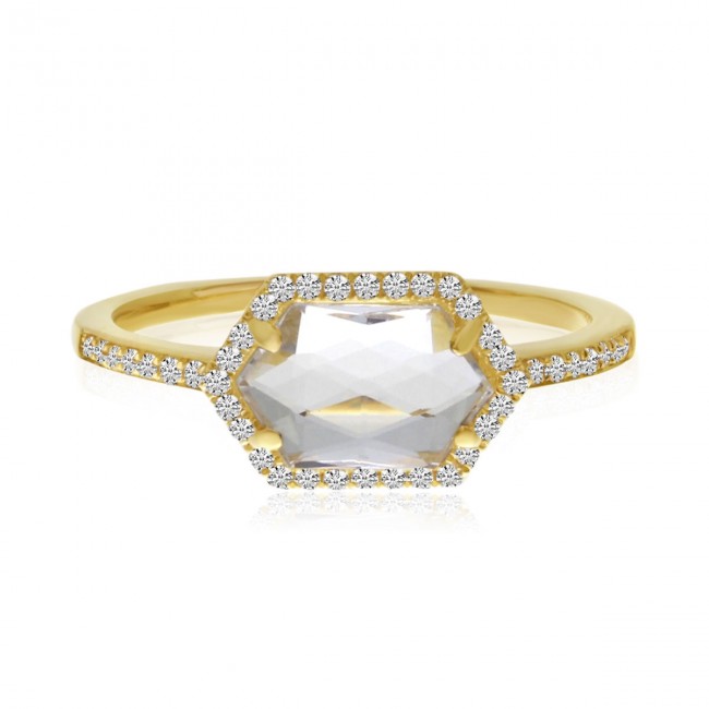 Brevani 14K Yellow Gold Hexagon White Topaz and Diamond Ring