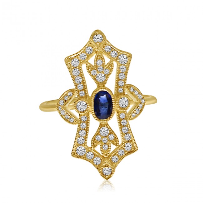 Brevani 14K Yellow Gold Art Deco Oval Sapphire and Diamond Precious Fashion Ring