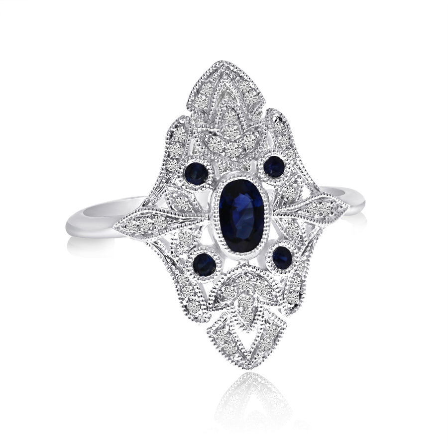 Brevani 14K White Gold Art Deco Sapphire and Diamond Ring