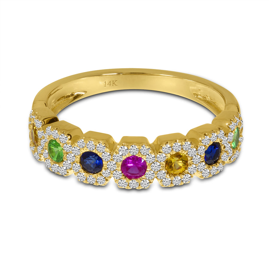 Brevani 14K Yellow Gold Hexagon Rainbow Sapphire and Diamond Ring