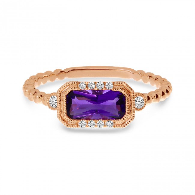 Brevani 14K Rose Gold Octagon Amethyst and Diamond Semi Precious Beaded Band Ring