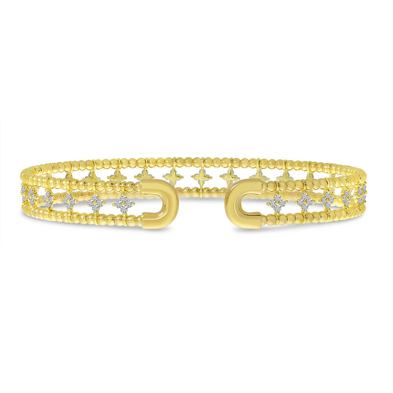 Brevani 14K Yellow Gold Double Row Flower Diamond Flexible Cuff Bracelet