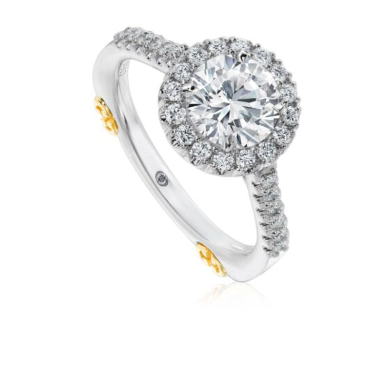Christopher Designs Halo Engagement Ring Setting with Round Diamond Band and Yellow Gold Accents