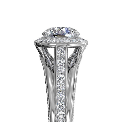 Ritani Masterwork Cushion Halo Vaulted Milgrain Diamond Engagement Ring with Surprise Diamonds