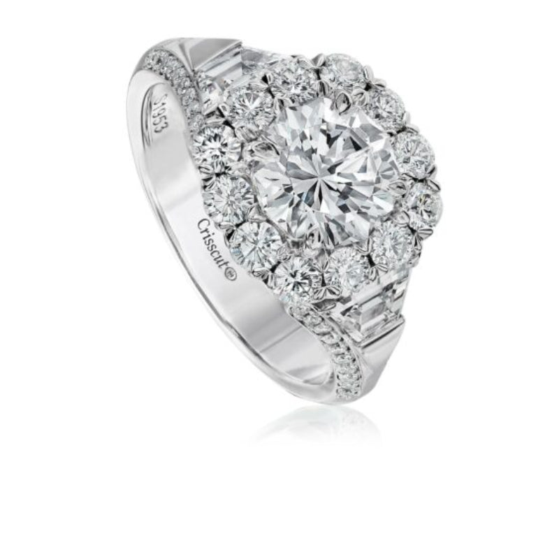 Christopher Designs Round Diamond Halo Engagement Ring Setting with Trapezoid Cut Side Diamonds