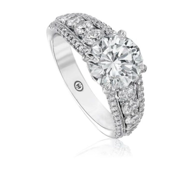 Christopher Designs Classic Solitaire Engagement Ring with Unique 3 Row Diamond Band