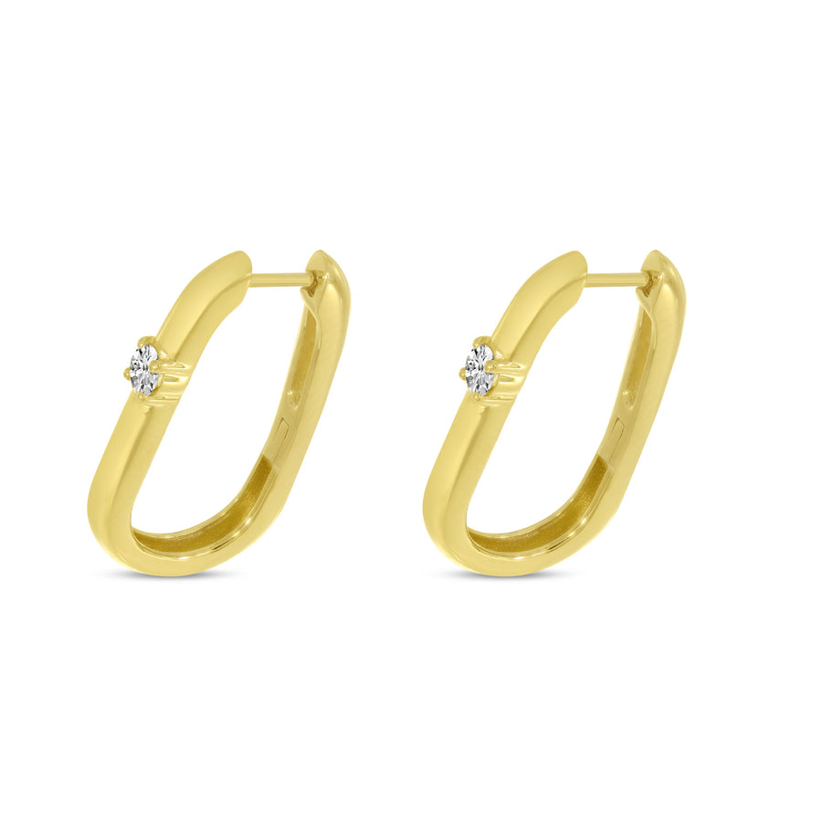 Brevani 14K Yellow Gold Oval Hoop Earrings With Single Diamond