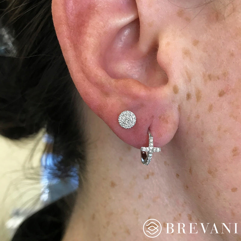 Brevani 14K White Gold Diamond Cross Huggie Earrings