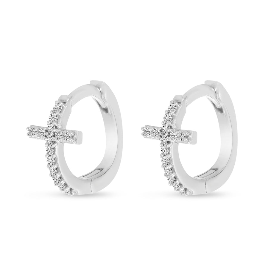 Brevani 14K White Gold Diamond Cross Huggie Earrings