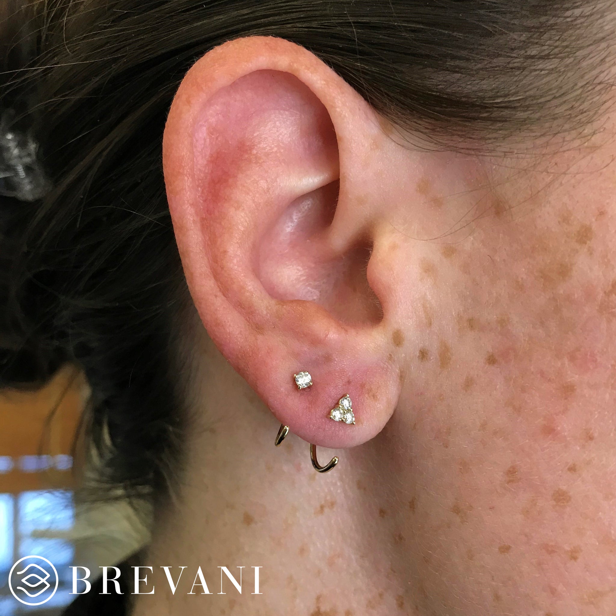 Brevani 14K Yellow Gold Triple Diamond Backwards Huggie Earrings