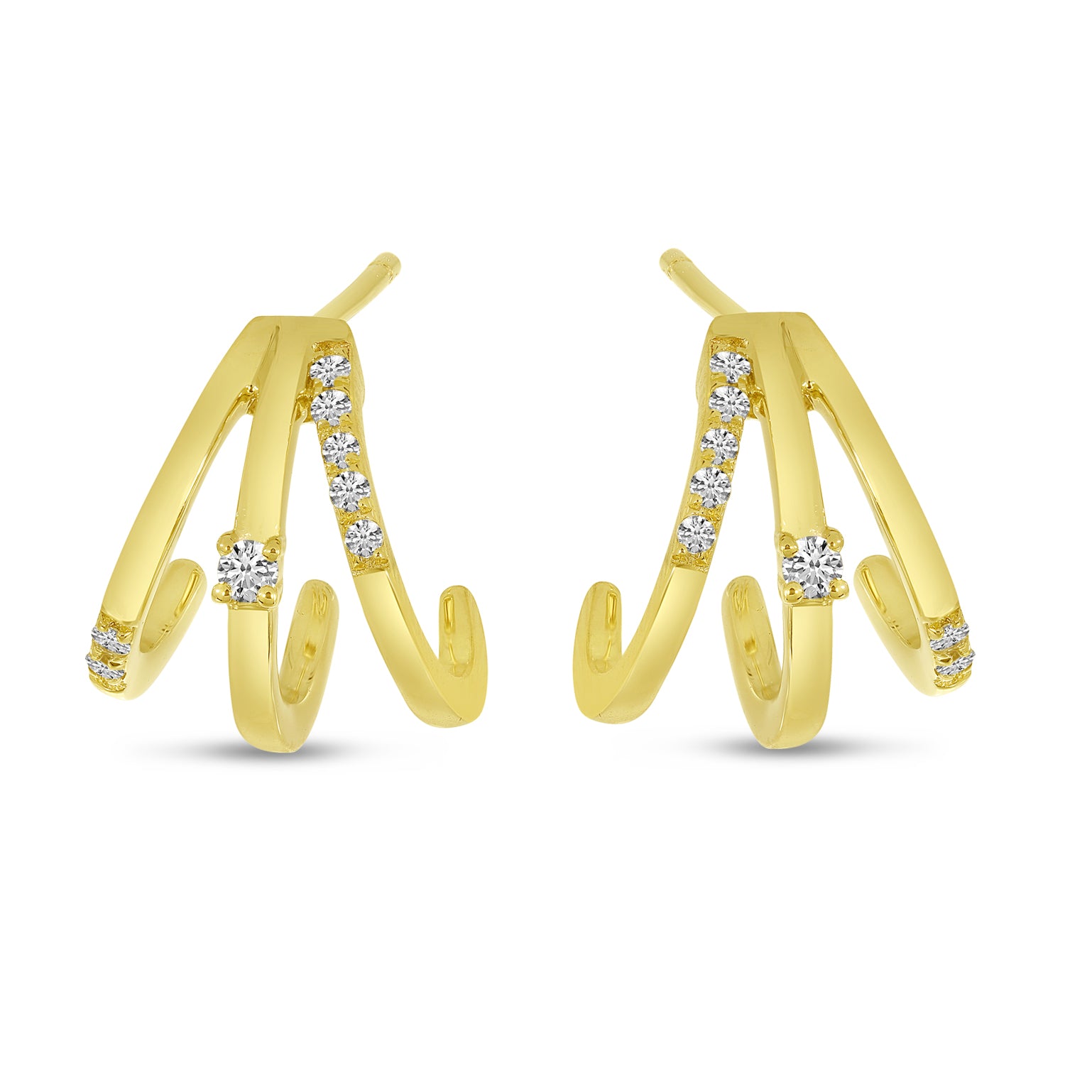 Brevani 14K Yellow Gold Triple Diamond Huggie Earrings