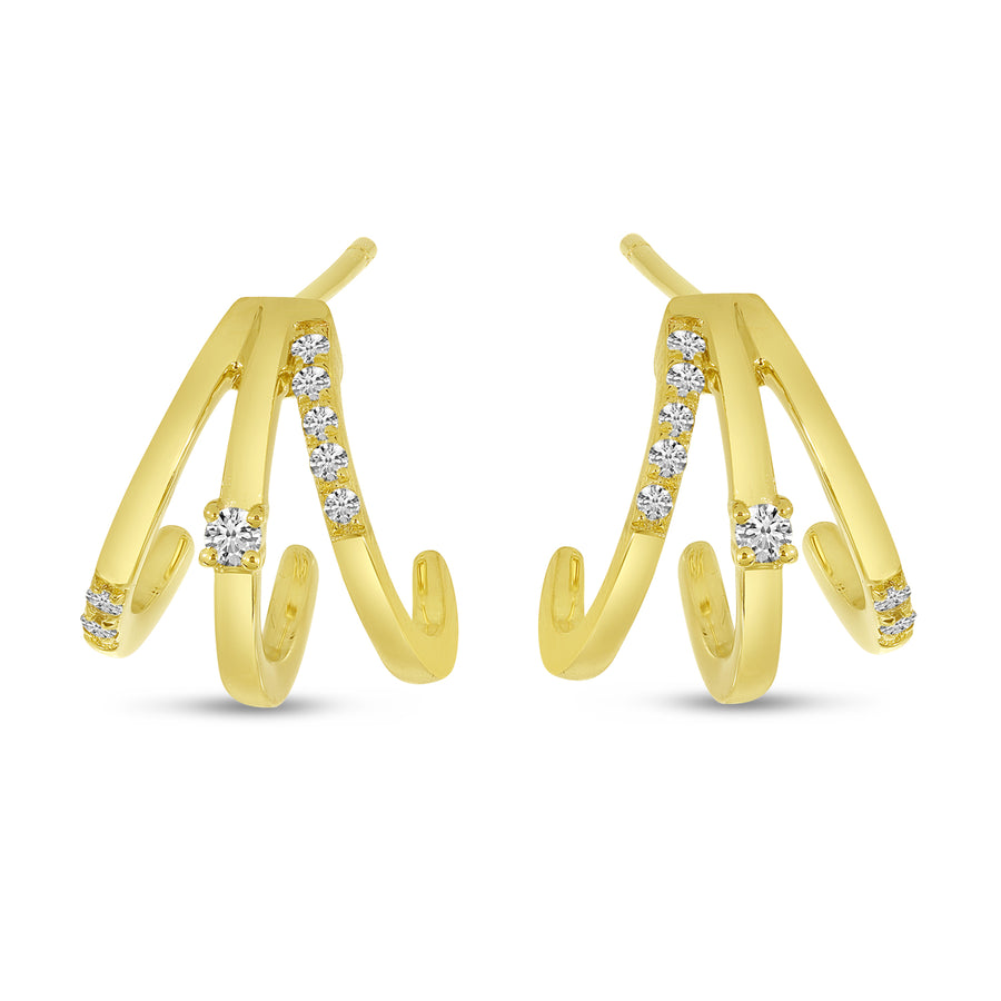 Brevani 14K Yellow Gold Triple Diamond Huggie Earrings