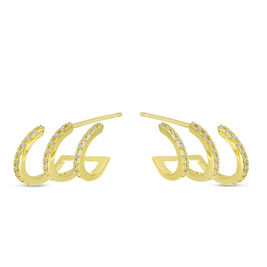 Brevani 14K Yellow Gold Triple Row Diamond Huggies