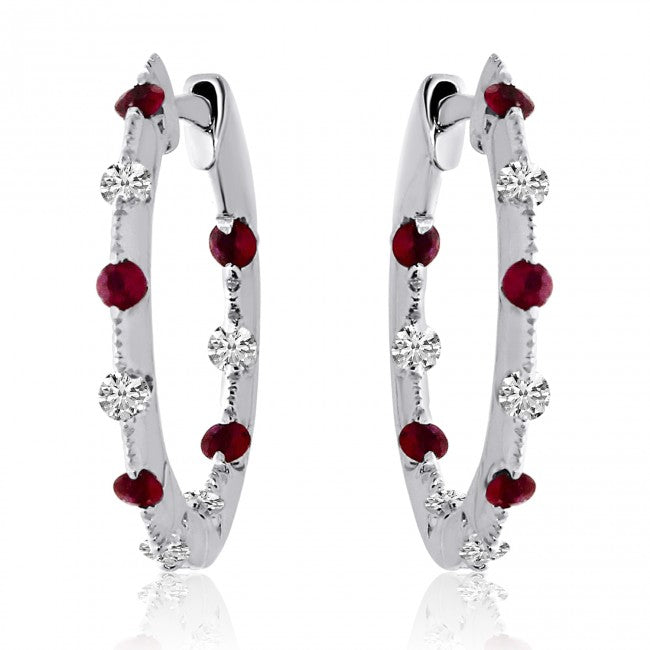 Brevani 14K White Gold Precious Ruby and Diamond Tension Set Hoop Earrings