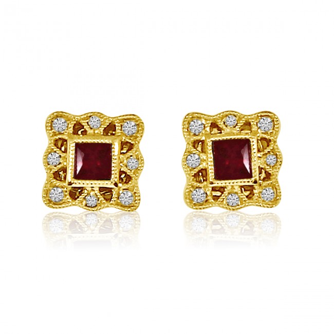 Brevani 14K Yellow Gold Princess Ruby and Diamond Filigree Precious Earrings