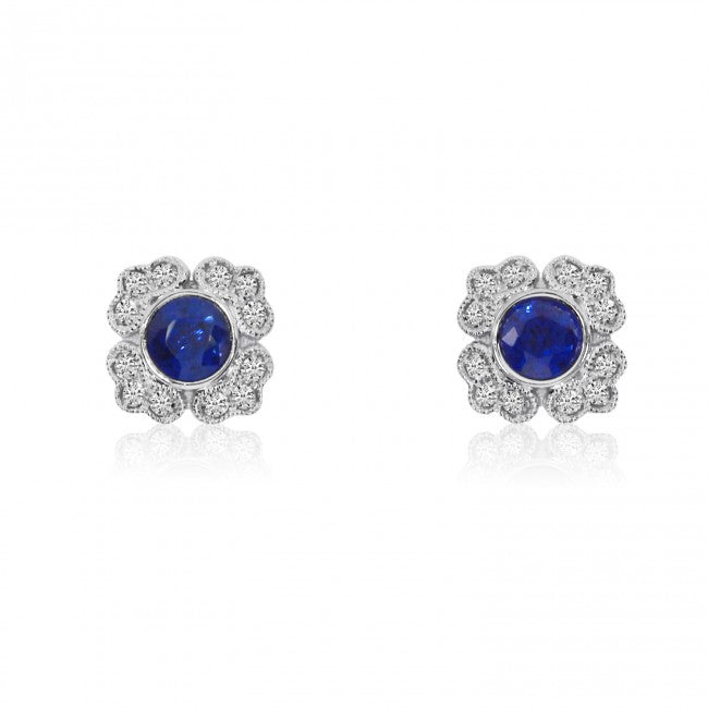 Brevani 14K White Gold Round Sapphire and Diamond Filigree Precious Earrings