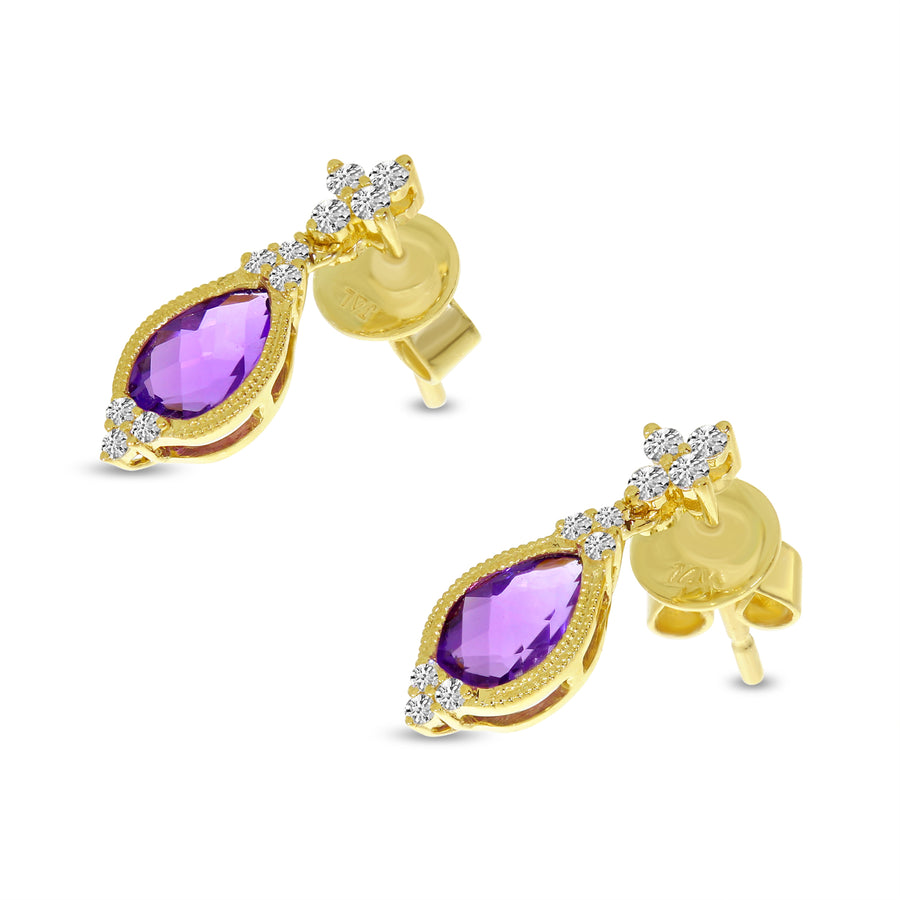 Brevani 14K Yellow Gold Pear Amethyst and Diamond Semi Precious Earrings