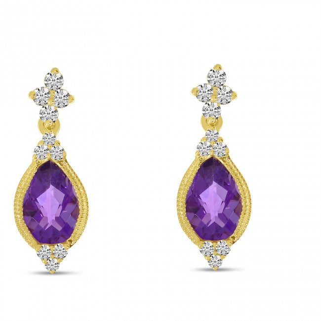 Brevani 14K Yellow Gold Pear Amethyst and Diamond Semi Precious Earrings