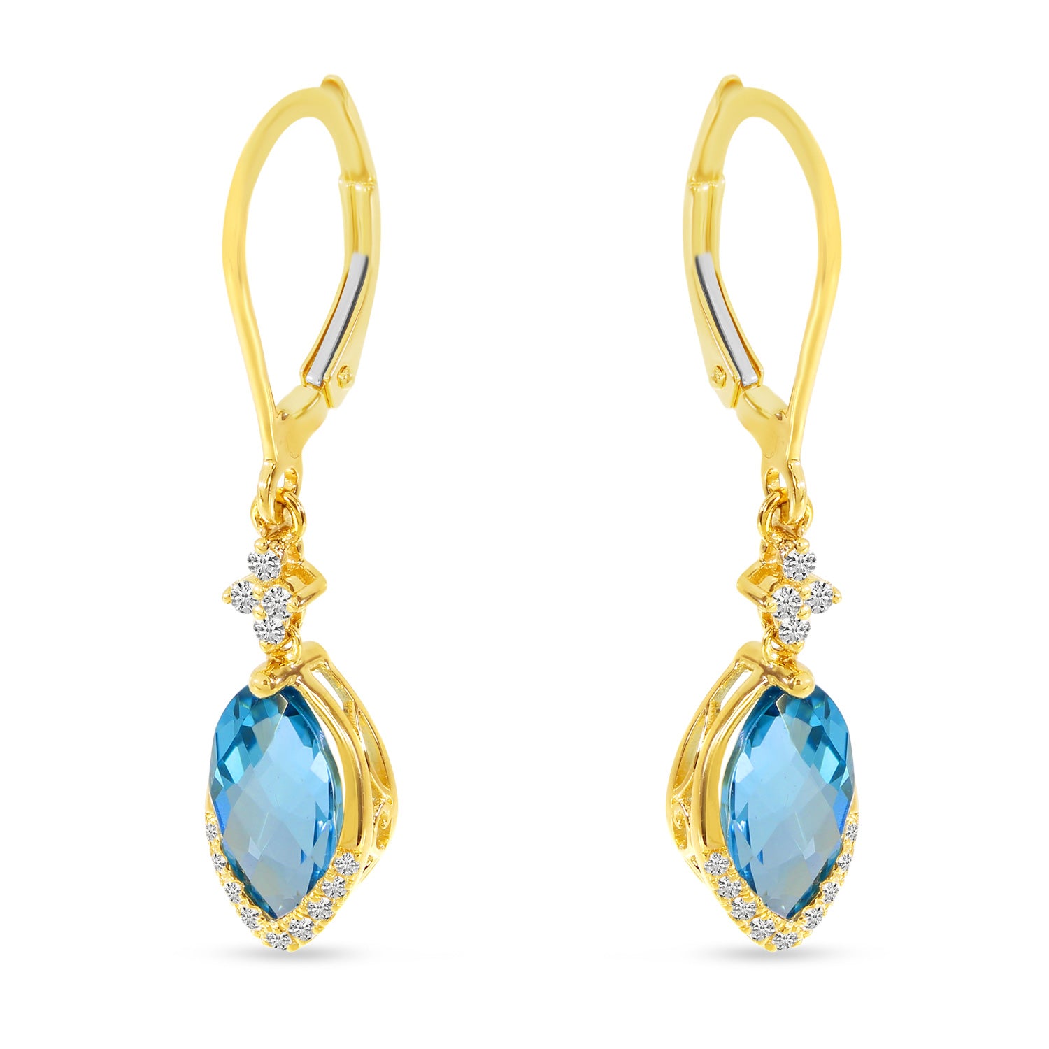 Brevani 14K Yellow Gold Marquise Blue Topaz Dangle with Diamond Leverback Earrings