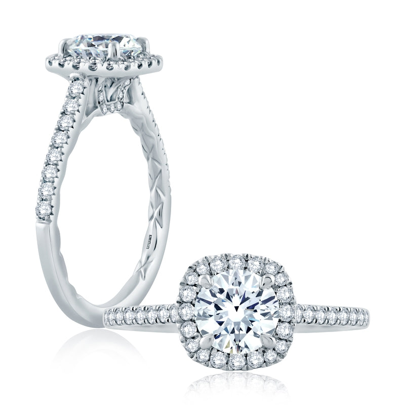 A. Jaffe Intricate Milgrain Accent Gallery Detail Round Center with Cushion Shaped Halo Engagement Ring
