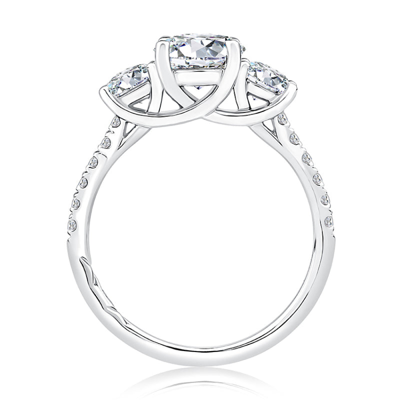 A. Jaffe Three Stone Trellis Diamond Engagement Ring with Pave Diamond Band