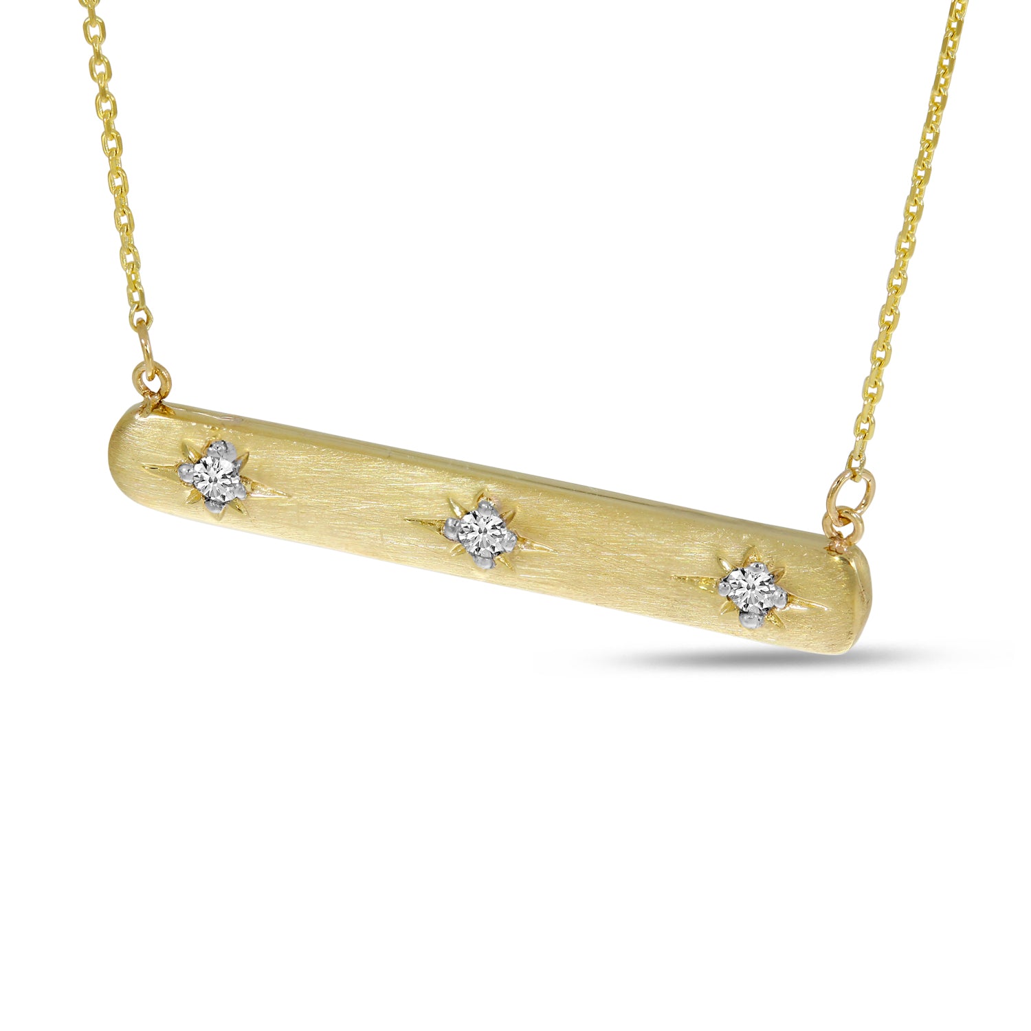 Brevani 14K Yellow Gold 3 Diamond Brushed Gold Bar Necklace