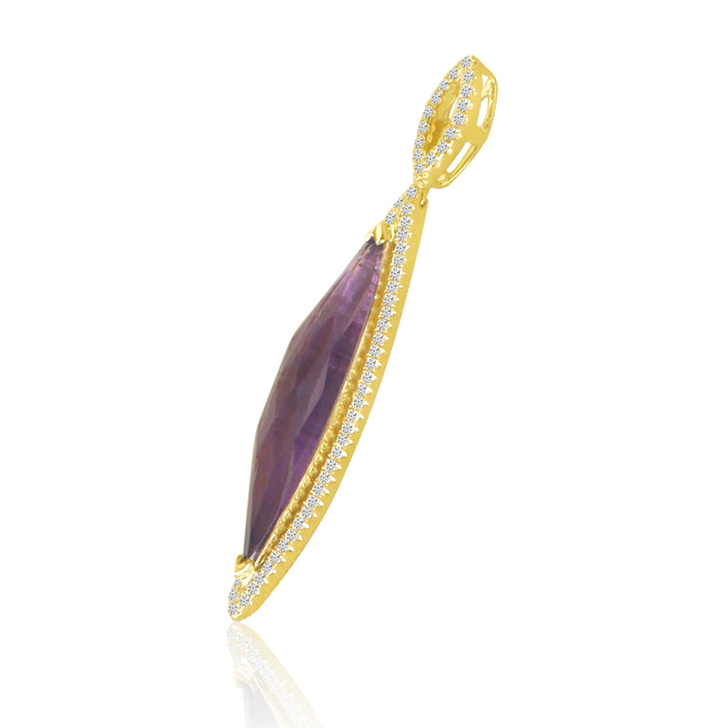 Brevani 14K Yellow Gold Elongated Marquise Amethyst and Diamond Semi Precious Fashion Pendant