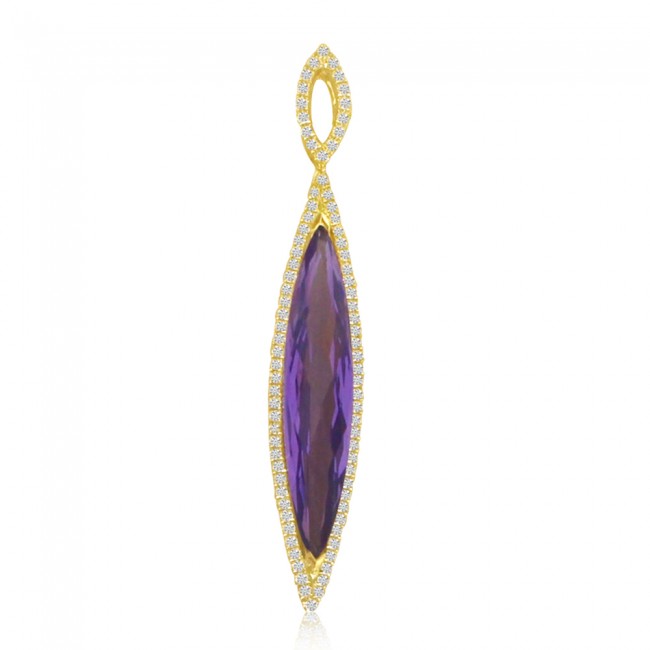 Brevani 14K Yellow Gold Elongated Marquise Amethyst and Diamond Semi Precious Fashion Pendant