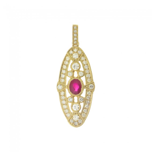 Brevani 14K Yellow Gold Precious Ruby and Diamond Oval Art Deco Pendant