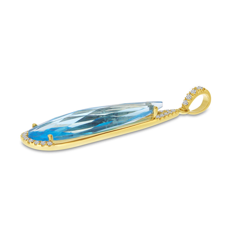 Brevani 14K Yellow Gold Elongated Pear Blue Topaz and Diamond Semi Precious Fashion Pendant