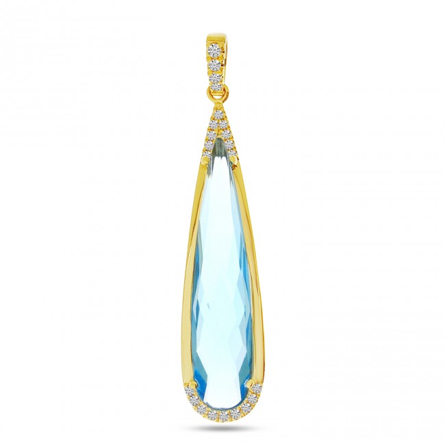 Brevani 14K Yellow Gold Elongated Pear Blue Topaz and Diamond Semi Precious Fashion Pendant