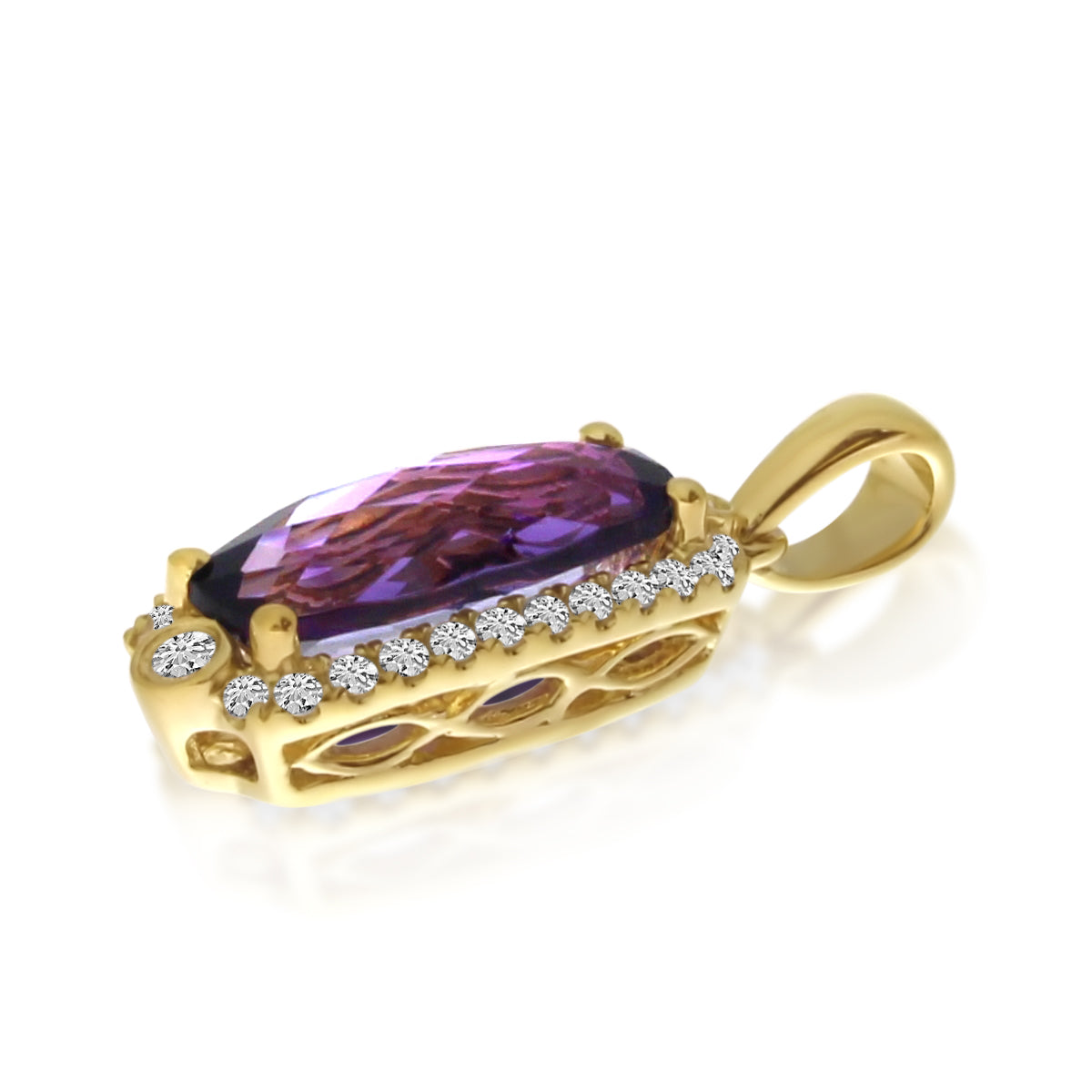 Brevani 14K Yellow Gold Oval Amethyst and Diamonds Semi Precious Pendant