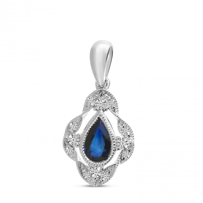 Brevani 14K White Gold Pear Sapphire and Diamond Millgrain Precious Pendant