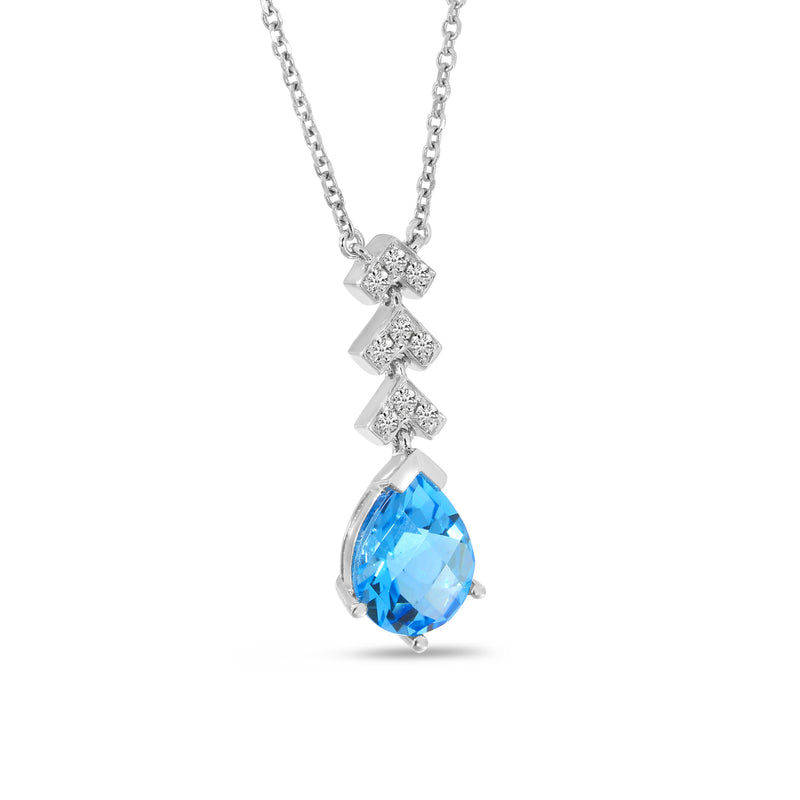 Brevani 14K White Gold Pear Blue Topaz and Diamond Semi Precious Lariat Necklace