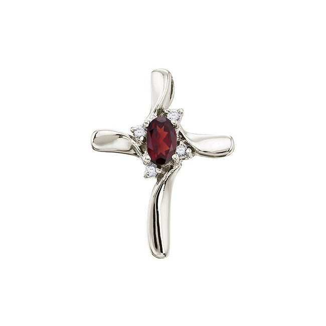 Brevani 14K White Gold Oval Garnet and Diamond Cross Pendant