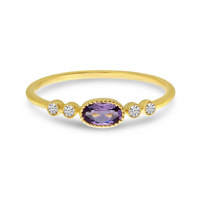 Brevani 14K Yellow Gold Oval Amethyst and Diamond Stackable Semi Precious Ring