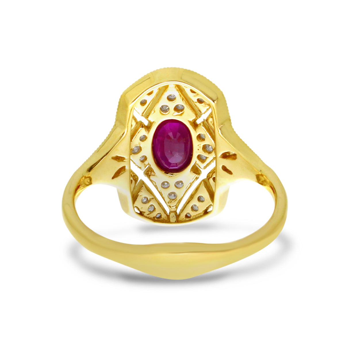 Brevani 14K Yellow Gold Oval Ruby and Diamond Art Deco Rectangular Ring